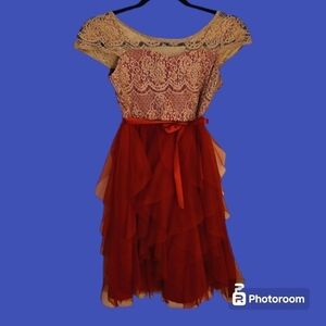EMILY ROSE Red Antique Lace Tulle Ruffle Bow Tie Waist Formal Valentine's Dress